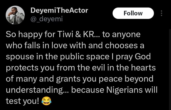 Deyemi Okanlawon warns Kunle Remi and Tiwi against Nigerians