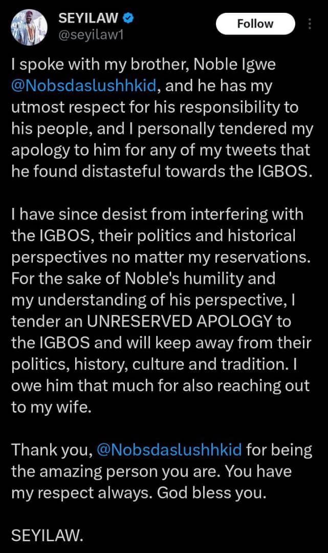 Seyi Law apologizes to Noble Igwe