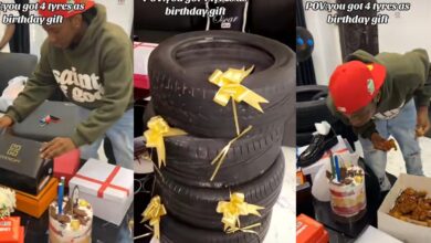Nigerian man gets 4 new car tyres, shoes, shirt, cake, etc. from girlfriend on his birthday